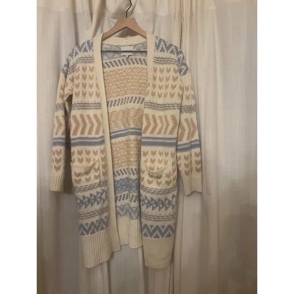 Knox Rose Womens Small Cream Blue Tan Geometric Open Front Longline Cardigan